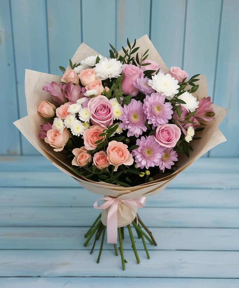 Букет цветов из: Хризантемы, Розы и Альстромерии в Звёздном