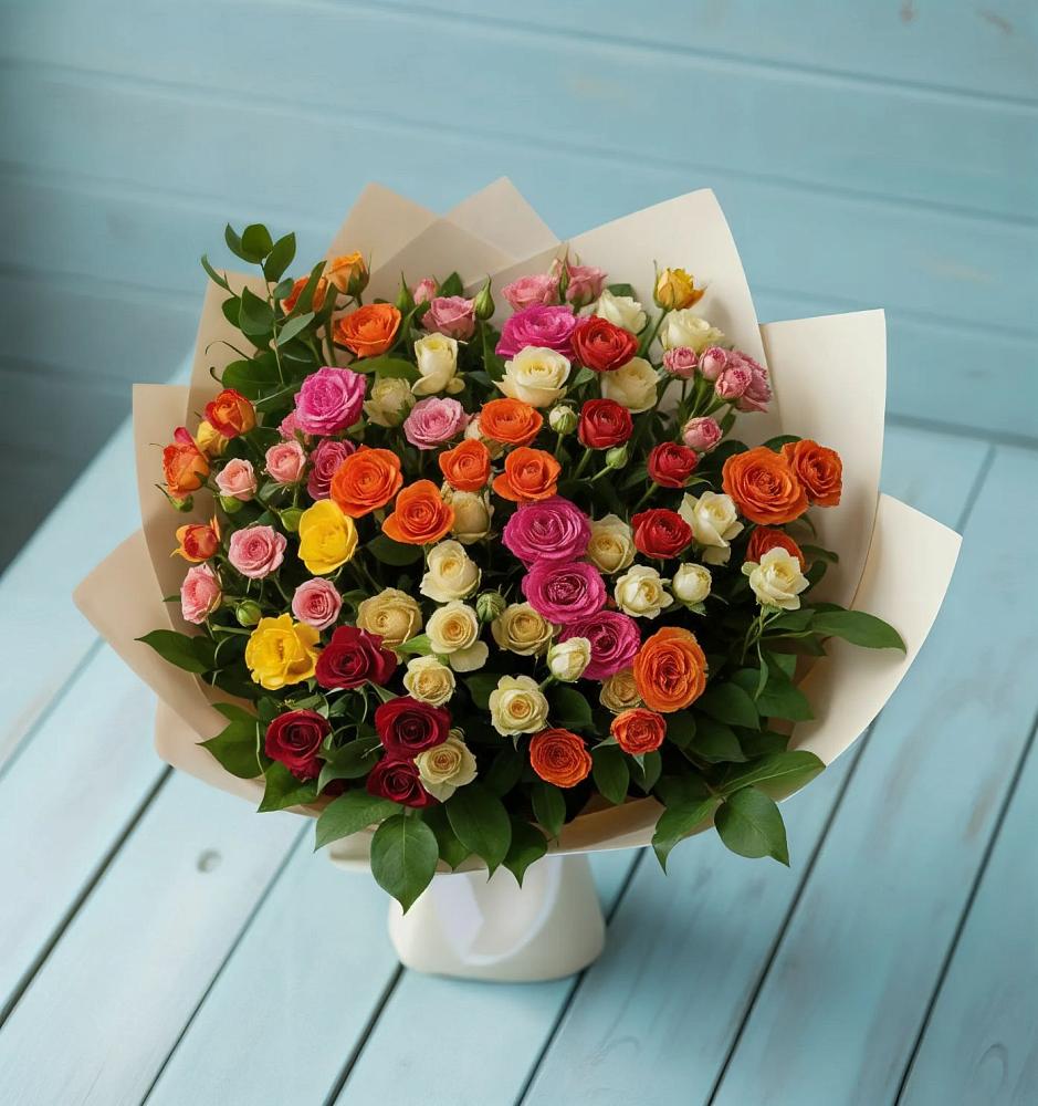 Букет Микс из разноцветных кустовых роз в Звёздном