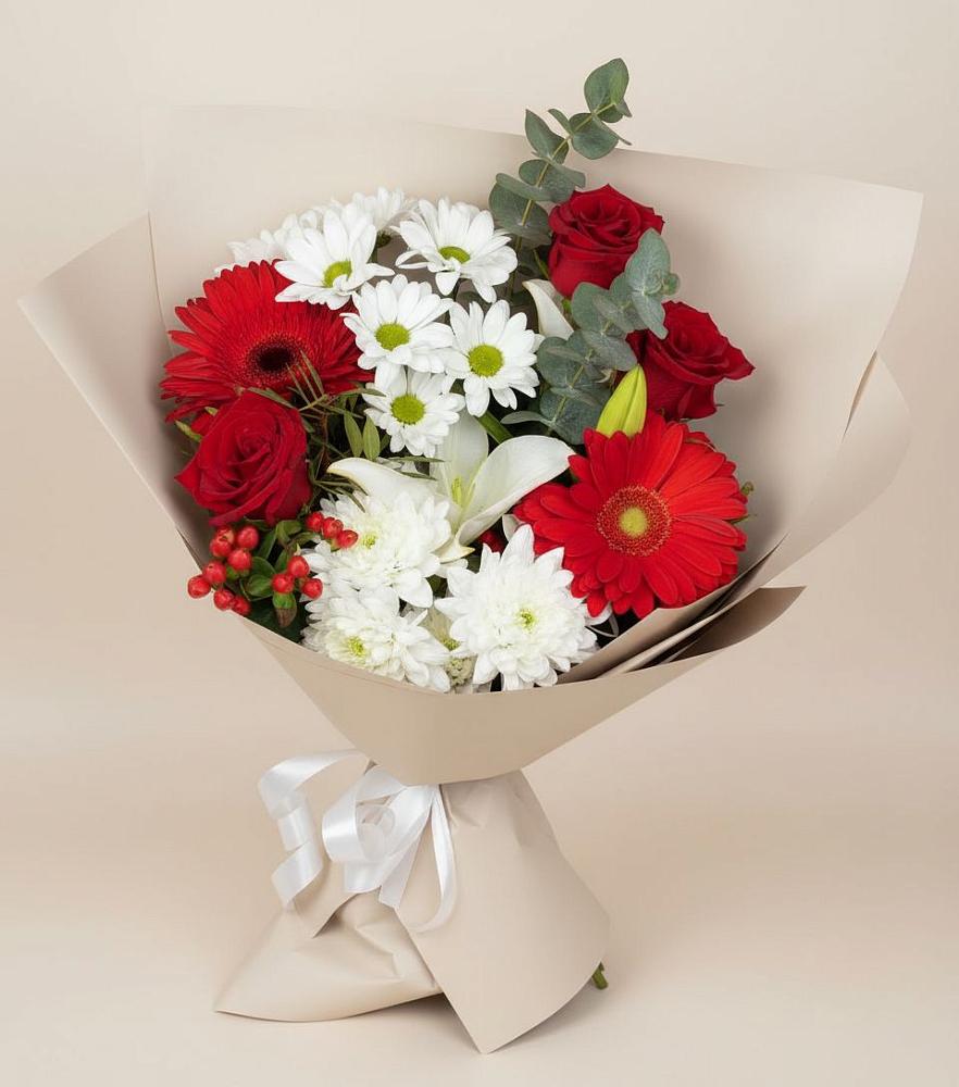 Букет цветов из: Розы, Хризантемы, Герберы и Лилии в Звёздном