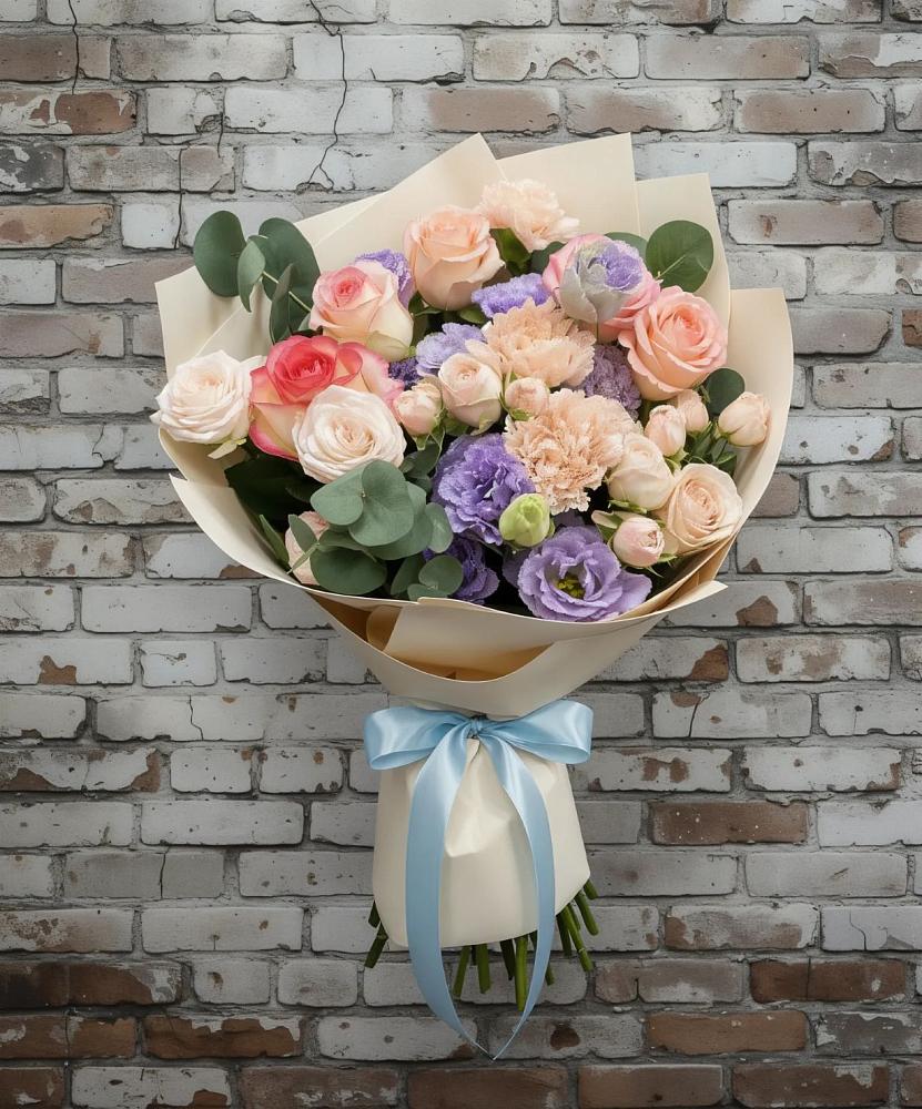 Букет цветов из: Розы, Лизиантусы и Гвоздики в Звёздном