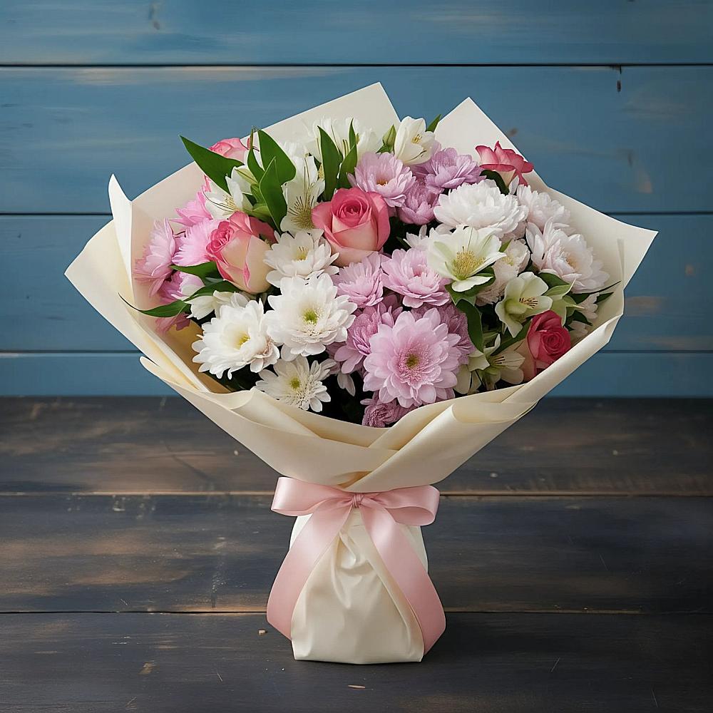 Букет цветов из: Хризантемы, Альстромерии и Розы в Звёздном